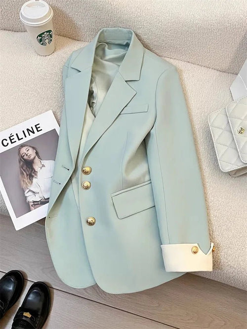Mandotos International women's blazer coat with a stand collar, stylish office outerwear, elegant and tailored for professional wear.