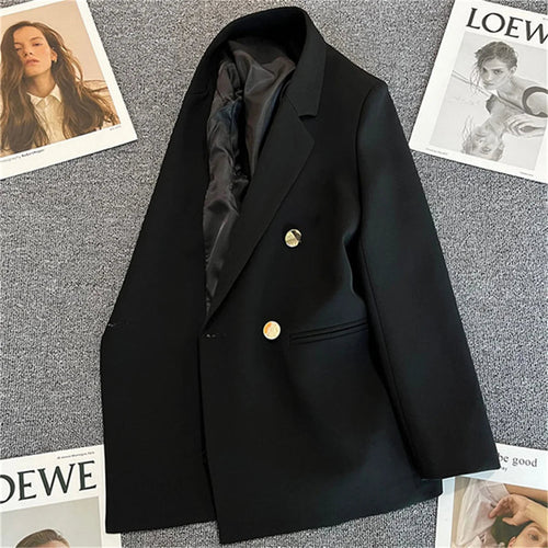 Mandotos International women's blazer coat with a chic stand collar, elegant office outwear in black, tailored fit for professional style.