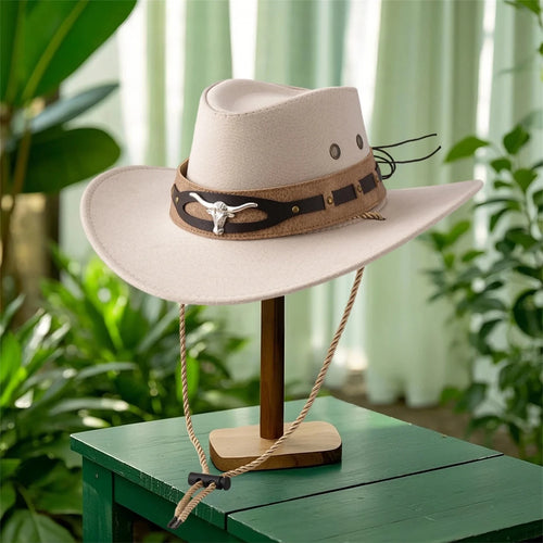 Unisex cowboy hat by MANDOTOS INTERNATIONAL with wide brim, stylish felt design, offering sun protection and fashionable cowgirl style.