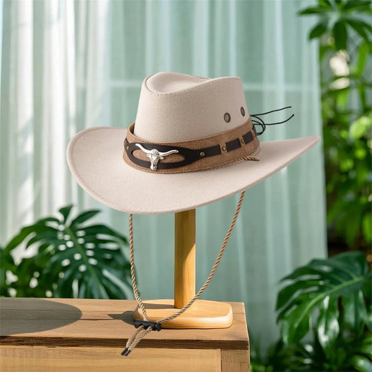 Unisex cowboy hat with wide brim, stylish felt design, offering sun protection, from MANDOTOS INTERNATIONAL.