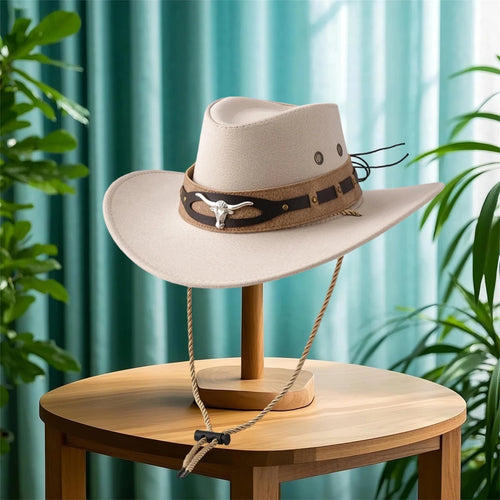Mandotos International chic unisex cowboy hat with wide brim, fashionable felt design for sun protection and stylish cowgirl look.