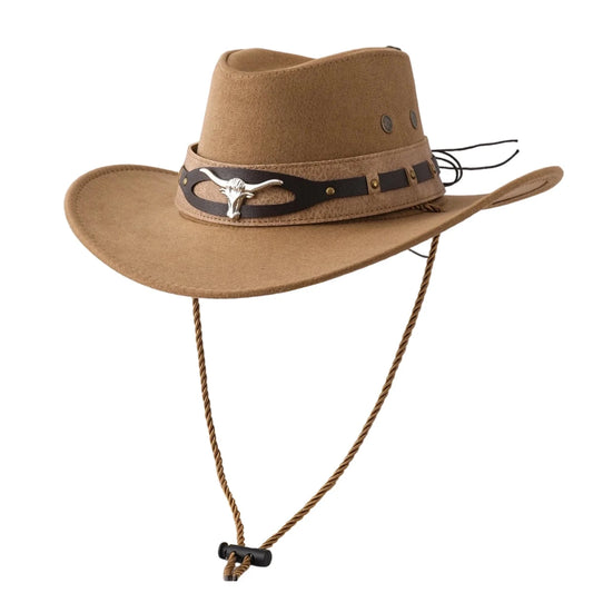 Stylish unisex cowboy hat with wide brim, felt material, ideal for sun protection, by MANDOTOS INTERNATIONAL.
