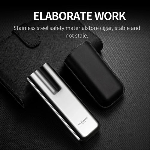 Mandotos International Cigarloong portable stainless steel cigar case with leather exterior, anti-pressure travel cigar humidor box.