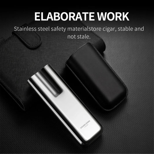 Mandotos International Cigarloong portable stainless steel cigar case with leather exterior, anti-pressure travel cigar humidor box.