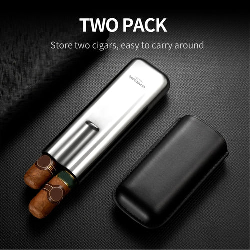 Mandotos International Cigarloong portable stainless steel cigar case with leather exterior, anti-pressure travel humidor box.