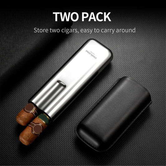 Mandotos International Cigarloong portable stainless steel cigar case with leather exterior, anti-pressure travel humidor box.