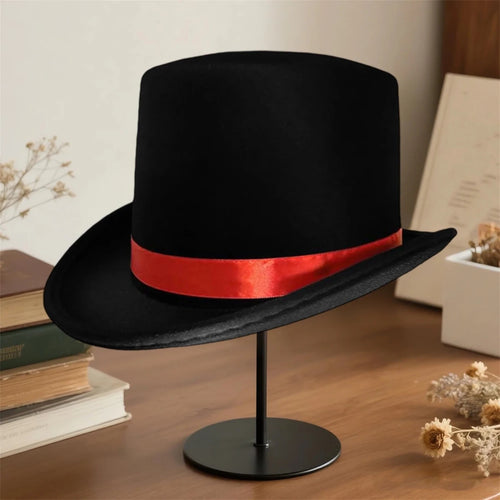 Elegant black top hat for adults, ideal for magician costumes, with a classic and sophisticated design by MANDOTOS INTERNATIONAL.