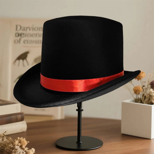 Elegant black top hat for adults by MANDOTOS INTERNATIONAL, perfect for magician costumes and formal dress-up events.
