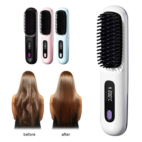 Mandotos International cordless portable mini hair straightener with USB charging, hot comb and styling brush for travel styling.