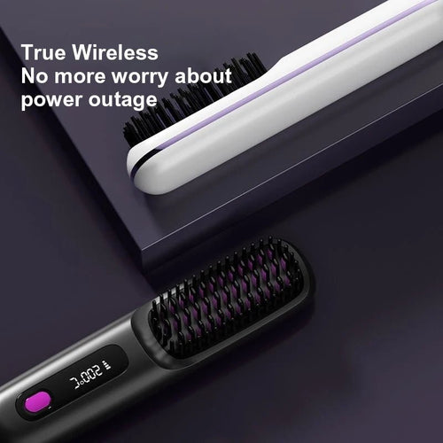 Mandotos International cordless mini hair straightener and styling brush, USB rechargeable hot comb for travel and quick styling.