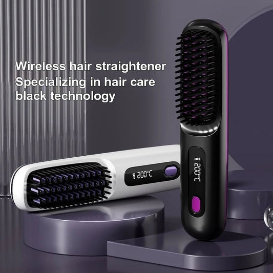 Mandotos International cordless portable mini hair straightener with USB recharge, hot comb, and styling brush for travel use