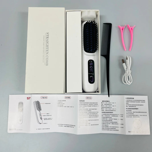 Mandotos International cordless portable mini hair straightener with hot comb and styling brush for travel, USB rechargeable.