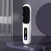 Mandotos International cordless portable mini hair straightener with hot comb and styling brush, USB rechargeable for travel use.
