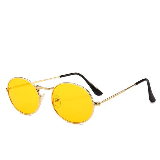 Round metal frame sunglasses with custom logo by MANDOTOS INTERNATIONAL, featuring durable metal construction and stylish design.