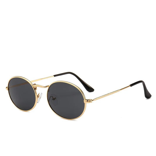 Round metal frame sunglasses with custom logo from MANDOTOS INTERNATIONAL, showcasing sleek design and wholesale quality.