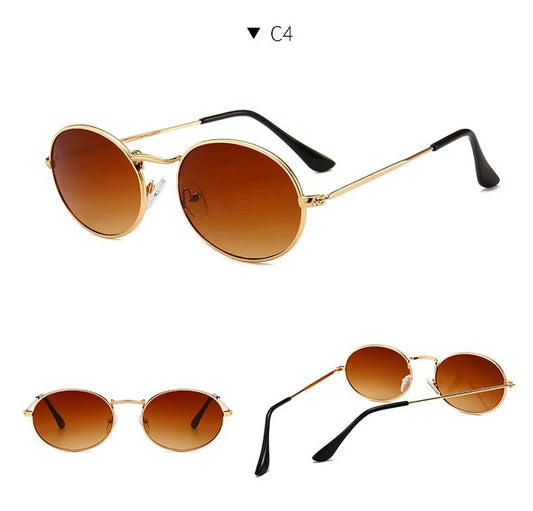 Round metal frame sunglasses with custom logo by MANDOTOS INTERNATIONAL, showcasing sleek design and durable construction.