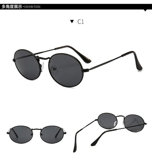 Round metal frame sunglasses with custom logo by Mandotos International, showcasing sleek design and premium metal construction.