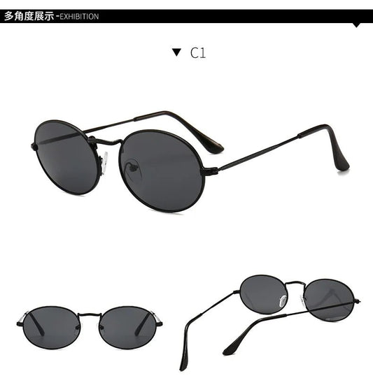 Round metal frame sunglasses with custom logo by Mandotos International, showcasing sleek design and premium metal construction.