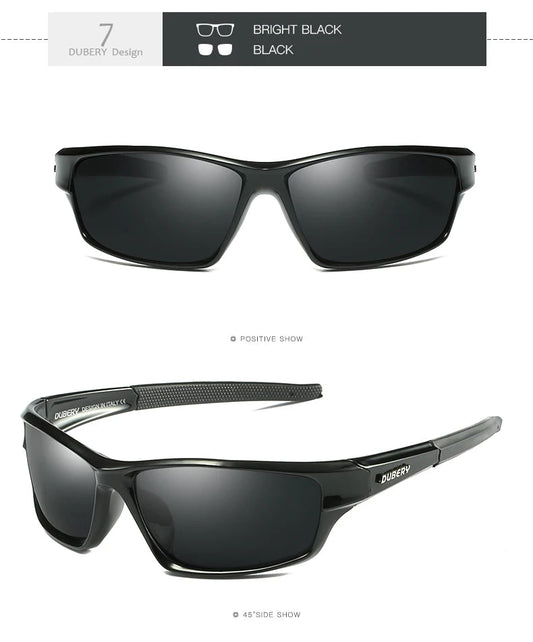 Mandotos International DUBERY 2022 polarized night vision sunglasses for men, sport glasses with sleek black frames and tinted lenses.