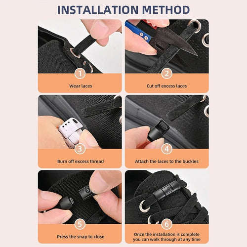 Elastic no-tie shoelaces with press lock from MANDOTOS INTERNATIONAL, suitable for kids and adults' sneakers, shown on a pair of sneakers.