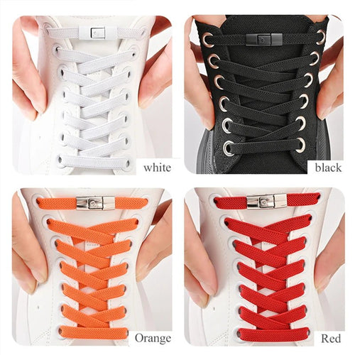 Elastic no-tie shoelaces with press lock from MANDOTOS INTERNATIONAL, suited for kids and adults' sneakers, easy to use and secure.