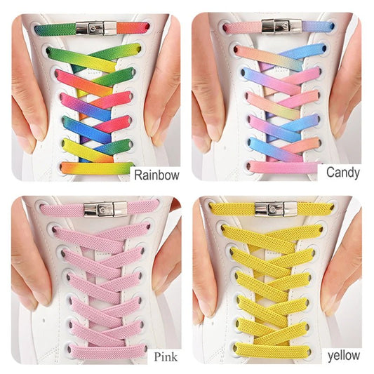 Elastic no-tie shoelaces with press lock by MANDOTOS INTERNATIONAL for kids and adults, shown in a sneakers image.