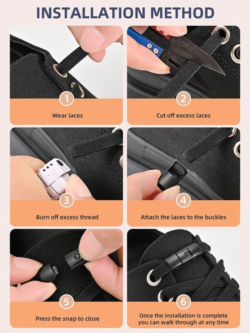 Elastic no-tie shoelaces with press lock by MANDOTOS INTERNATIONAL for kids and adults, shown installed on sneakers.