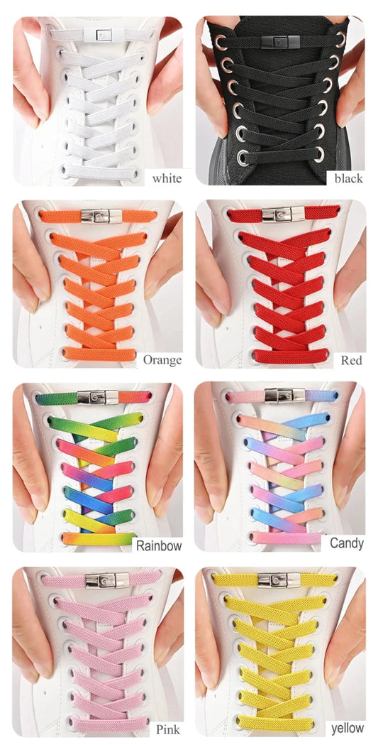 Elastic no-tie shoelaces with press lock by MANDOTOS INTERNATIONAL for kids and adults, shown on sneakers.