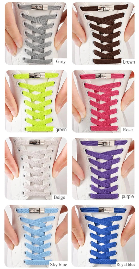 Elastic no-tie shoelaces with press lock from MANDOTOS INTERNATIONAL, designed for sneakers, suitable for kids and adults.