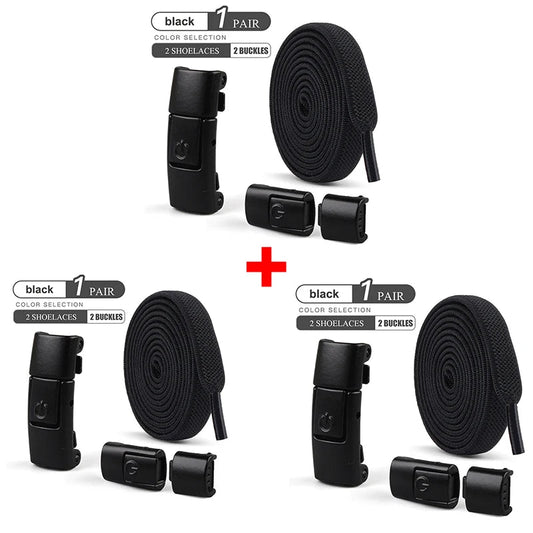 Elastic no-tie shoelaces with press lock from MANDOTOS INTERNATIONAL, suitable for kids and adults' sneakers, shown installed.