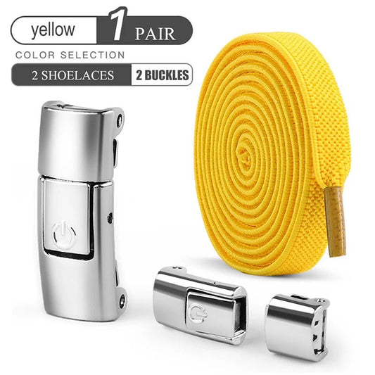 Elastic no-tie shoelaces with press lock for sneakers by MANDOTOS INTERNATIONAL, suitable for kids and adults, shown on sneakers.