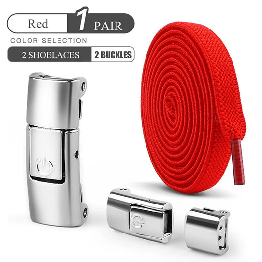 Elastic no-tie shoelaces with press lock from MANDOTOS International on sneakers, suitable for kids and adults.