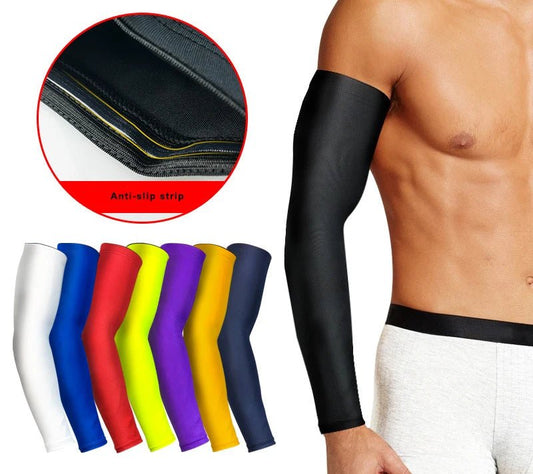 Mandotos International elastic sun protection arm sleeves with compression and quick-dry fabric, designed for outdoor sun protection.