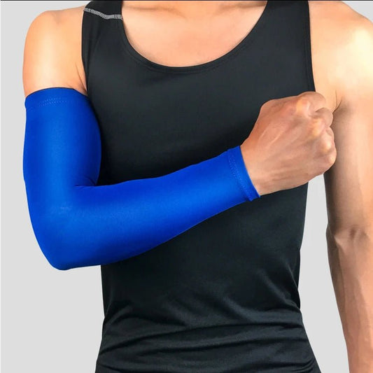 Mandotos International elastic sun protection arm sleeves with compression and quick-dry fabric for outdoor activities.