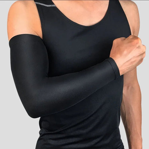 Mandotos International elastic sun protection arm sleeves with compression and quick-dry fabric, designed for outdoor sun coverage.