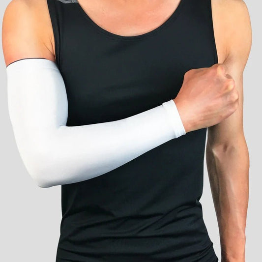 Mandotos International elastic sun protection arm sleeves showing compression fit and quick-dry fabric for outdoor activities