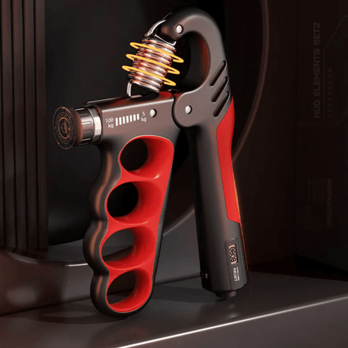 Mandotos International electronic grip enhancer device with textured grip surface and adjustable settings for improved hand control.