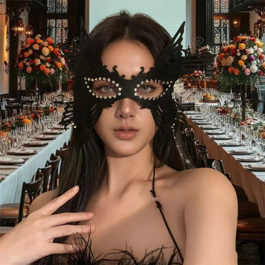 Elegant velvet Enigma mask by MANDOTOS INTERNATIONAL, ideal for Halloween and masquerade balls, featuring intricate design details.
