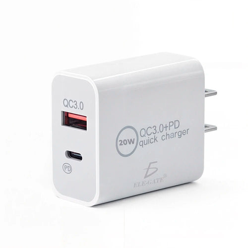 Mandotos International ELEGATE 20W USB-C Turbo Charger QC3.0 for smartphones and laptops, shown with charging port and compact design.