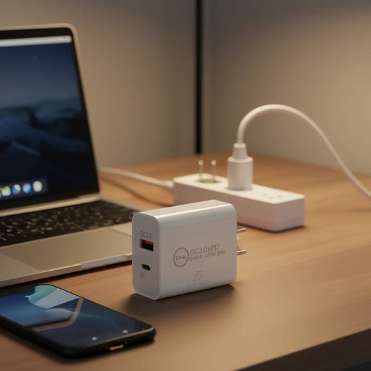 Mandotos International ELEGATE 20W USB-C Turbo Charger with QC3.0 for smartphones and laptops, compact and portable charging device.