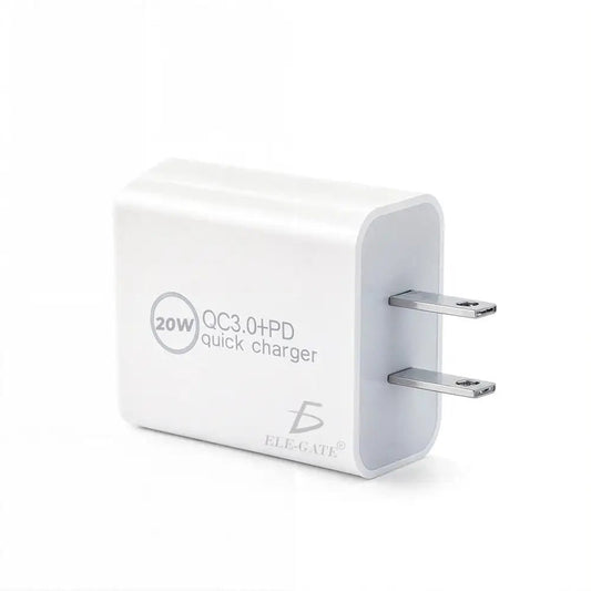 Mandotos International ELEGATE 20W USB-C Turbo Charger with QC3.0 for smartphones and laptops, compact and sleek design.