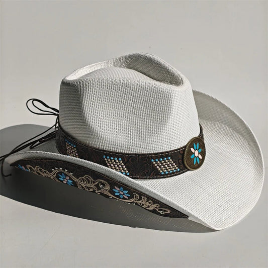 Embroidered Straw Cowboy Hat - Western Sun Hat for Women Men - Country Rodeo Cowgirl - MANDOTOS INTERNATIONAL