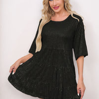 Mandotos International stylish sequined banquet dress with solid color, loose waist, short sleeves, perfect for European and US fashion trends.
