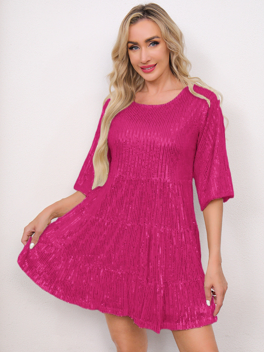 Mandotos International stylish solid color sequined short sleeve skirt dress, perfect for banquets and cross-border fashion events.