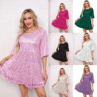 Mandotos International Europe and US cross-border fashion sequined banquet dress with solid color, loose waist, short sleeves, stylish design.