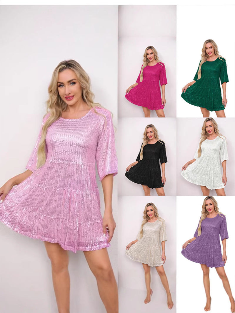 Mandotos International Europe and US cross-border fashion sequined banquet dress with solid color, loose waist, short sleeves, stylish design.