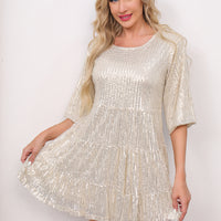 Mandotos International solid color sequined dress with short sleeves and loose waist, suitable for banquets and cross-border fashion.