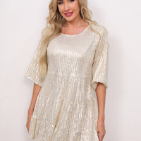Mandotos International solid color short sleeve sequined skirt dress, stylish loose waist design, suitable for banquets and fashion events.