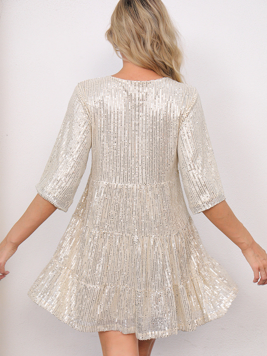 Mandotos International stylish sequined dress with short sleeves, loose waist, solid color, perfect for European and US cross-border fashion.