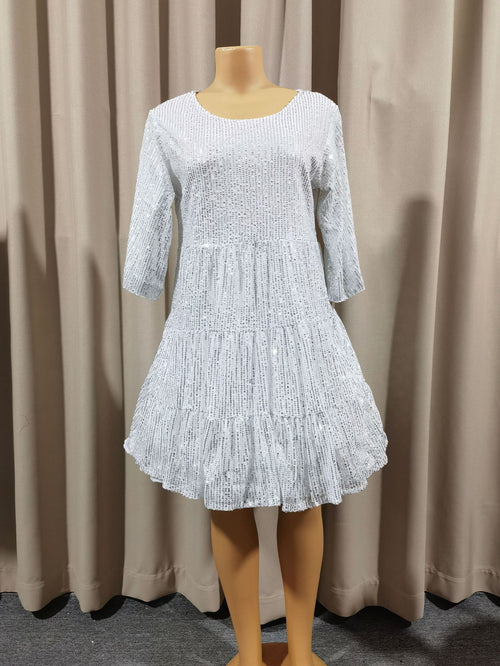 Mandotos International sequined short sleeve skirt dress with solid color, loose waist, suitable for European and U.S. fashion trends.